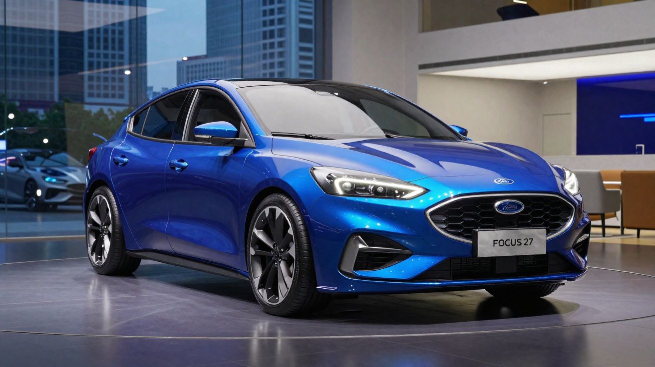Carro Ford Focus 27 azul brilhante exposto em ambiente urbano moderno à noite.