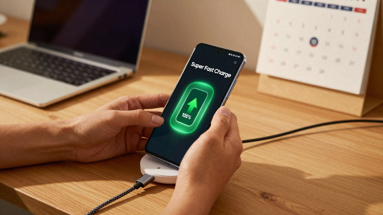 Pessoa a segurar um telemóvel com carregamento rápido sem fios a 100% numa secretária com computador portátil e calendário.