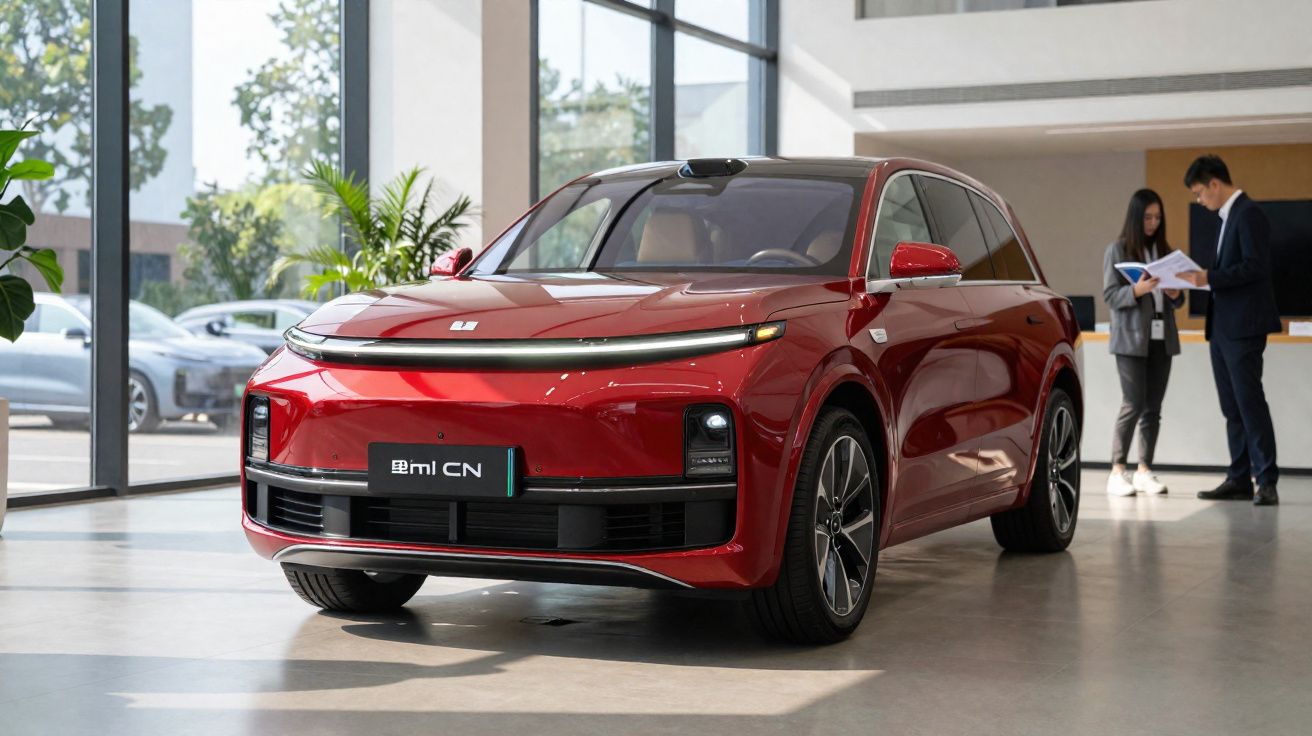 Carro SUV elétrico vermelho estacionado interiormente com duas pessoas ao fundo a conversar.