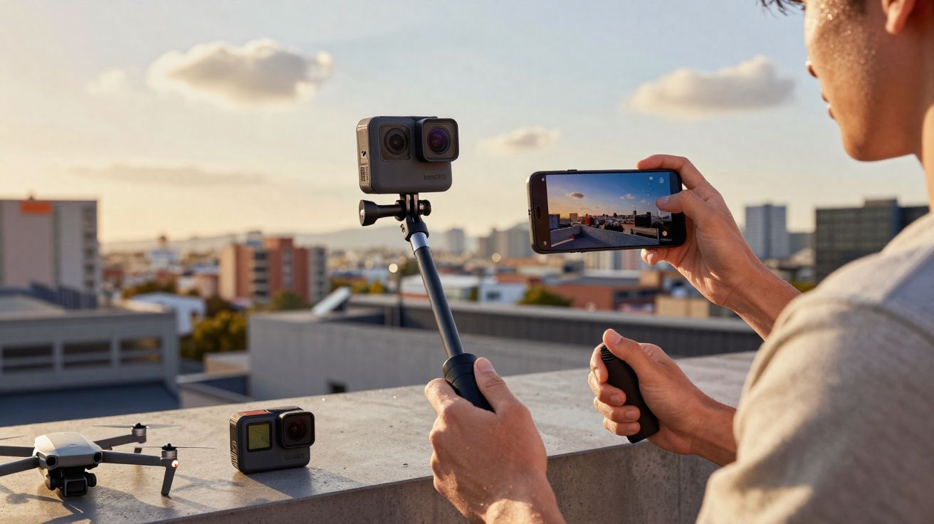 Pessoa a filmar paisagem urbana ao pôr do sol com câmara de ação numa barra extensível e drone ao lado.