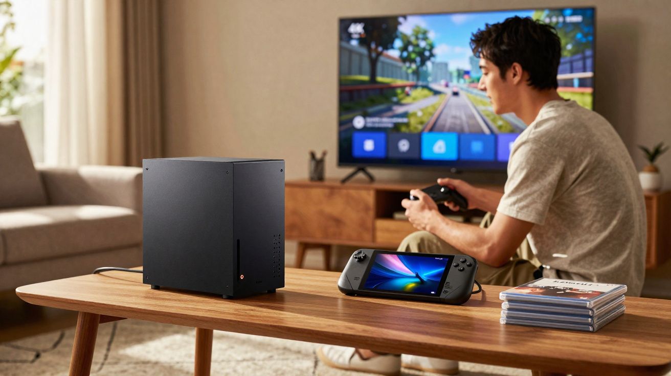Homem a jogar videojogos numa consola ligada a uma TV numa sala de estar moderna.