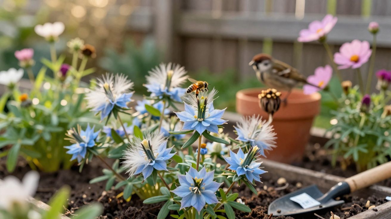 Abelha numa flor azul num canteiro de jardim com pá e vaso de barro ao fundo com pássaro.
