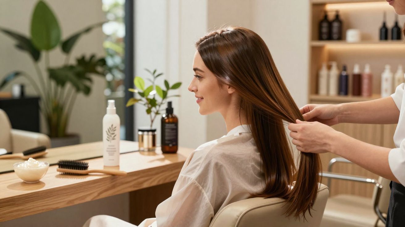 Mulher sentada num salão de beleza a receber tratamento e cuidados no cabelo castanho liso.