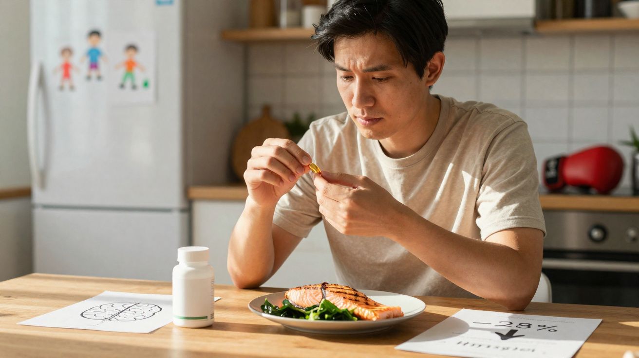 Homem sentado a ver um comprimido, com prato de salmão e vegetais e papeis com desenhos na mesa.
