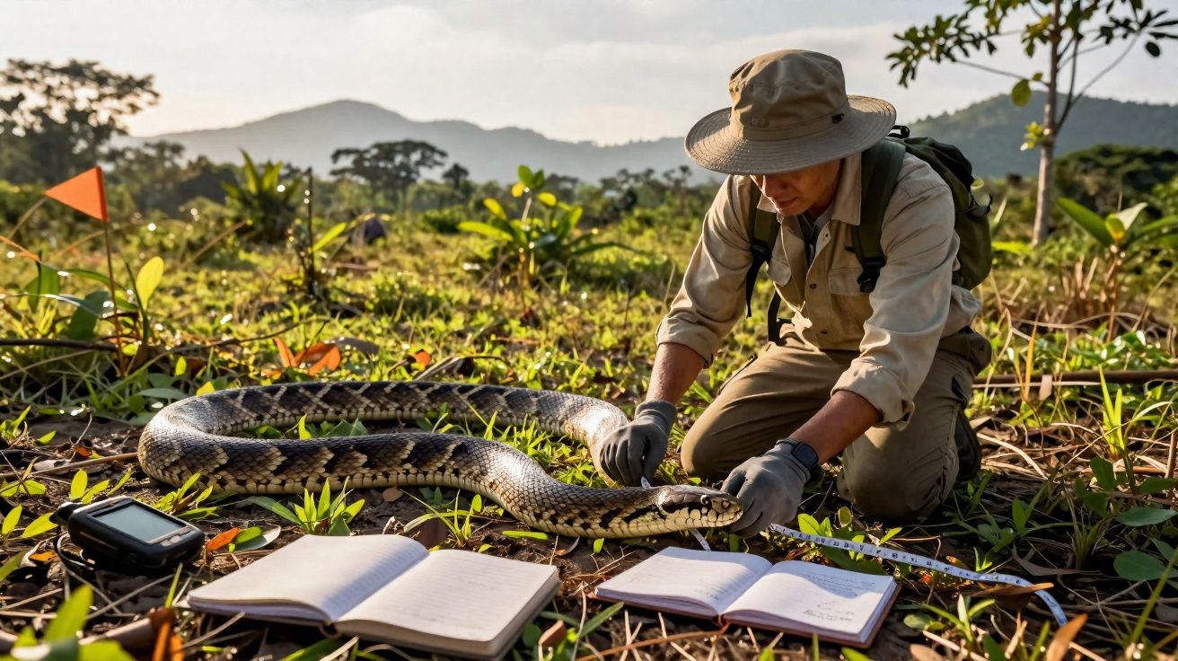 Cientista em campo mede uma grande cobra enquanto regista dados em cadernos ao ar livre.
