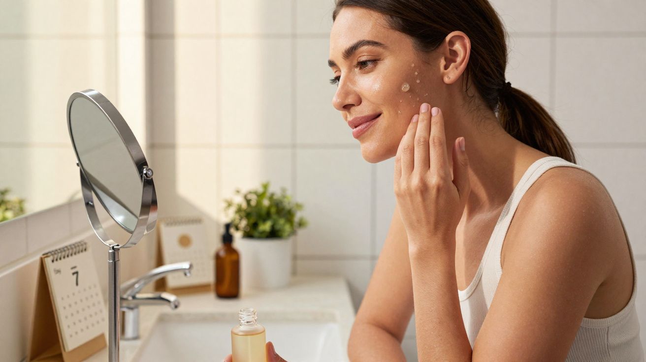 Mulher aplica sérum facial à frente de espelho numa casa de banho com azulejos brancos.