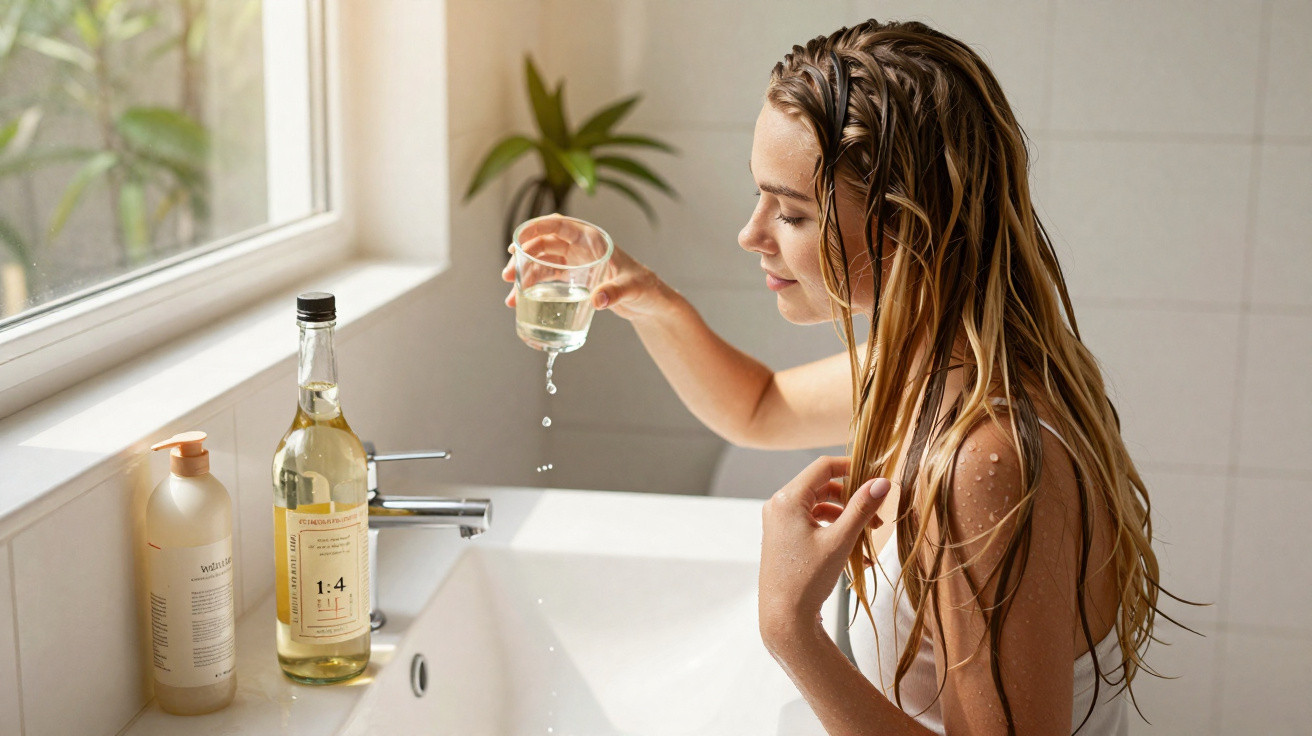 Mulher com cabelo molhado derrama líquido de copo transparente numa pia branca junto a garrafas de produto.
