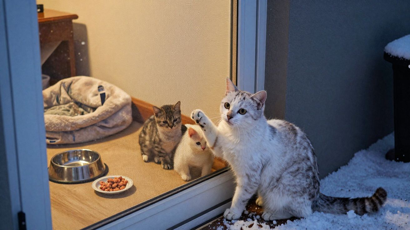 Gato branco com padrão cinza toca vidro de porta, vê dois gatinhos e tigela com comida dentro de casa.