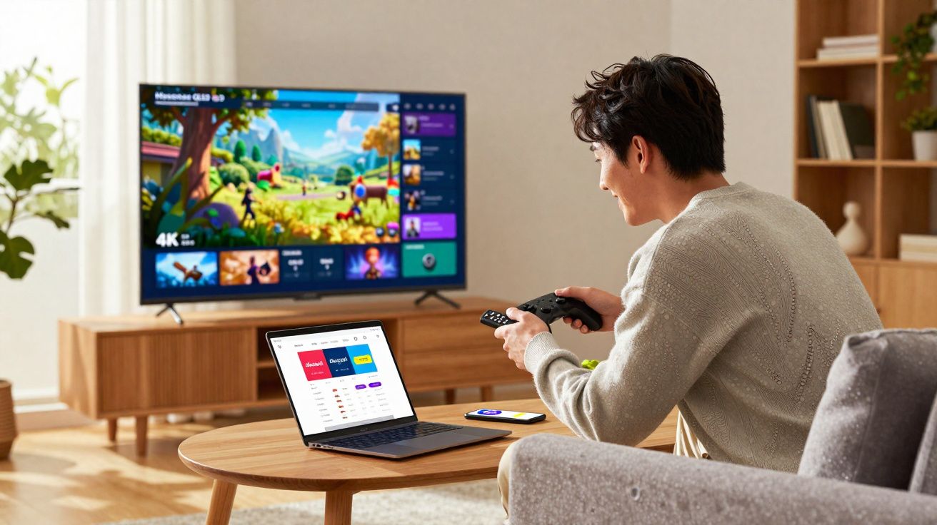 Homem sentado no sofá a jogar videojogo na televisão e com portátil aberto numa mesa de café.