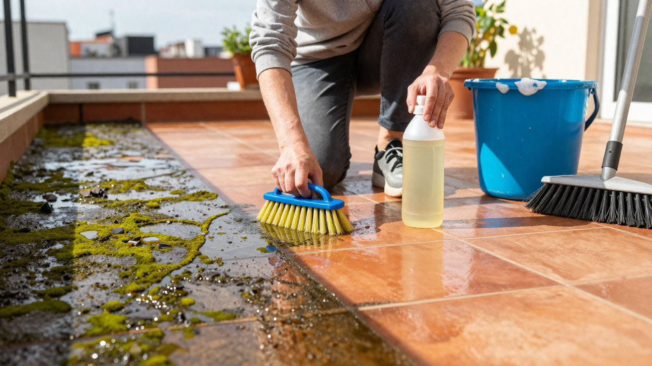 Pessoa a limpar um chão de azulejos com escova, detergente, balde e vassoura num terraço exterior.