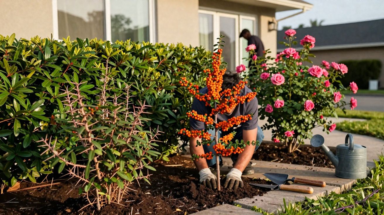 Pessoa a plantar arbusto com frutas laranja num jardim perto de rosas cor de rosa e uma mangueira.