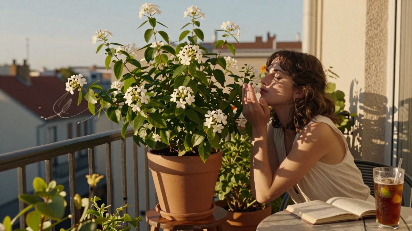 Mulher jovem cheira flores brancas numa varanda ao pôr do sol, com livro aberto e bebida ao lado.