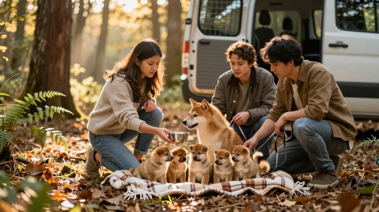 Três jovens alimentam um cão e cinco cachorros junto a uma viatura em floresta com folhas caídas.