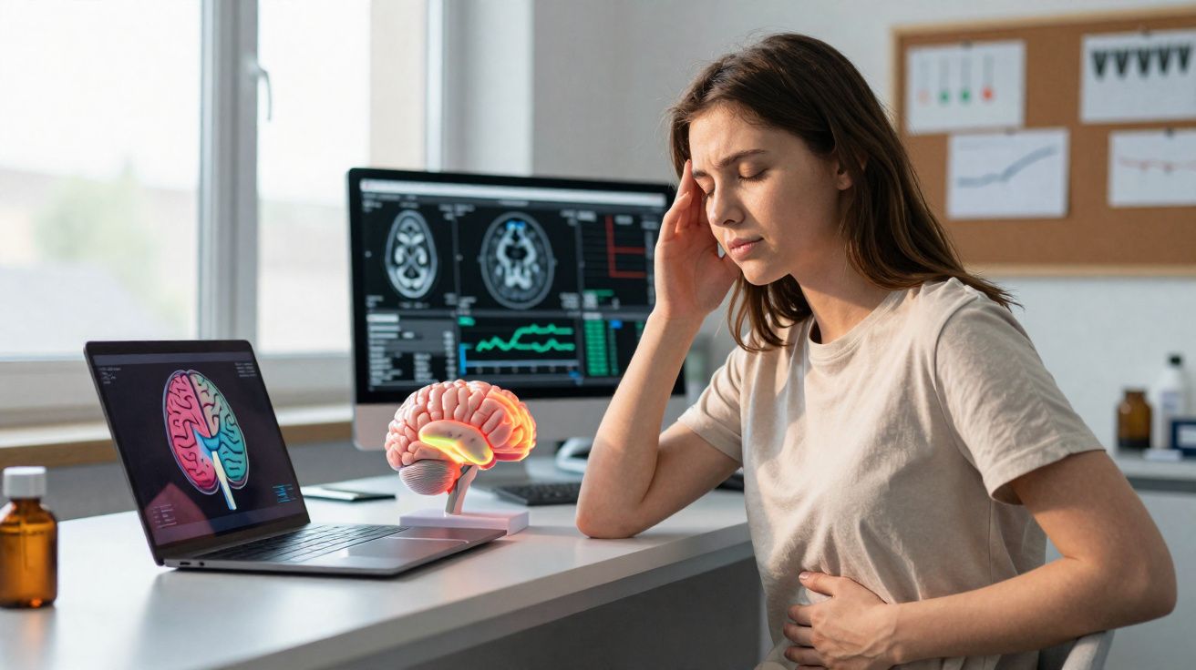 Mulher a segurar a cabeça e o estômago, ao lado de modelos e imagens cerebrais num consultório médico.