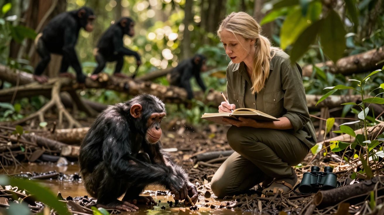 Mulher observa e anota comportamento de chimpanzé na floresta tropical, rodeada por mais chimpanzés.