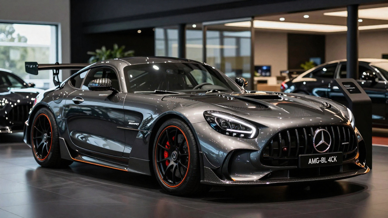 Carro desportivo Mercedes AMG cinzento com detalhes em vermelho em exposição numa loja moderna.