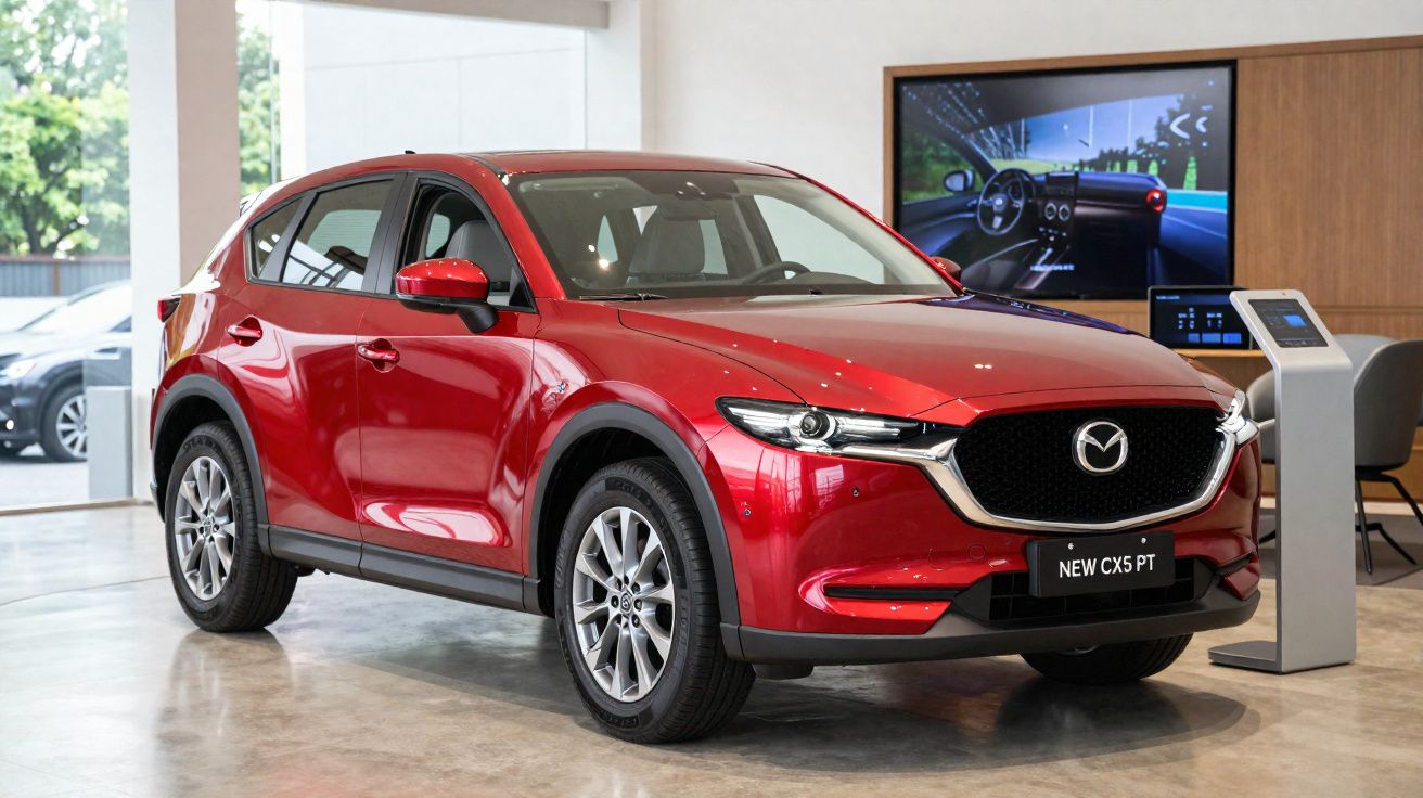 Carro Mazda CX-5 vermelho exposto em concessionária moderna, com ecrã digital ao fundo.