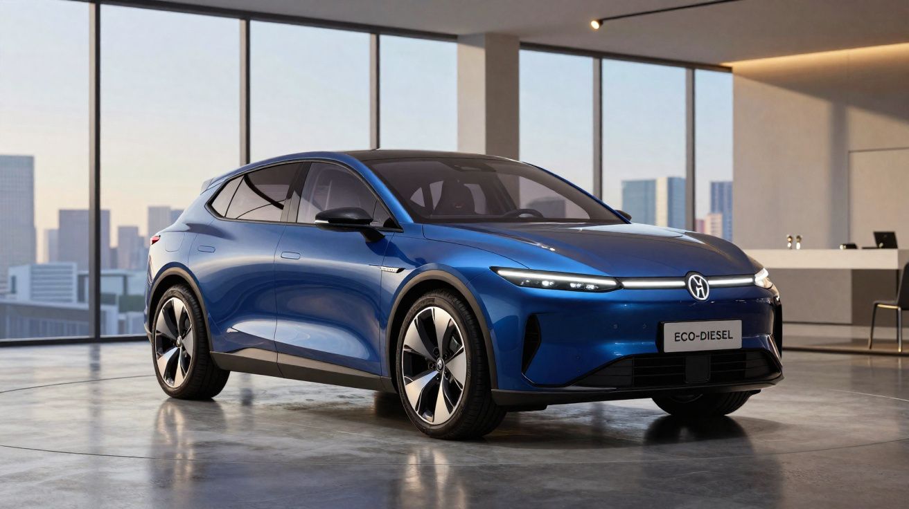 Carro elétrico azul estacionado em garagem moderna com janelas grandes e vista urbana ao fundo.