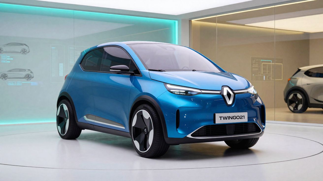 Carro elétrico compacto azul Renault Twingo 2021 em exposição moderna com iluminação suave.