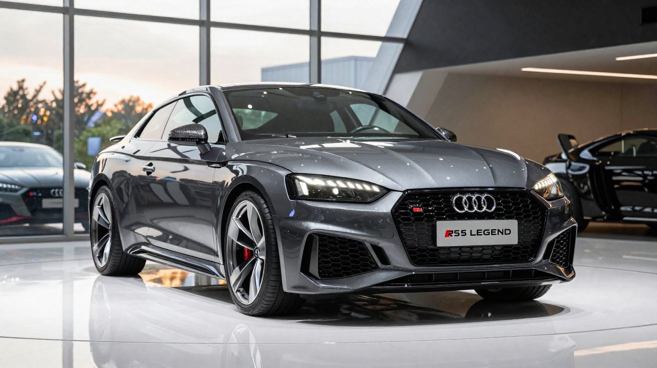 Carro desportivo Audi RS5 Legend cinzento exposto em showroom moderno com janelas amplas ao fundo.