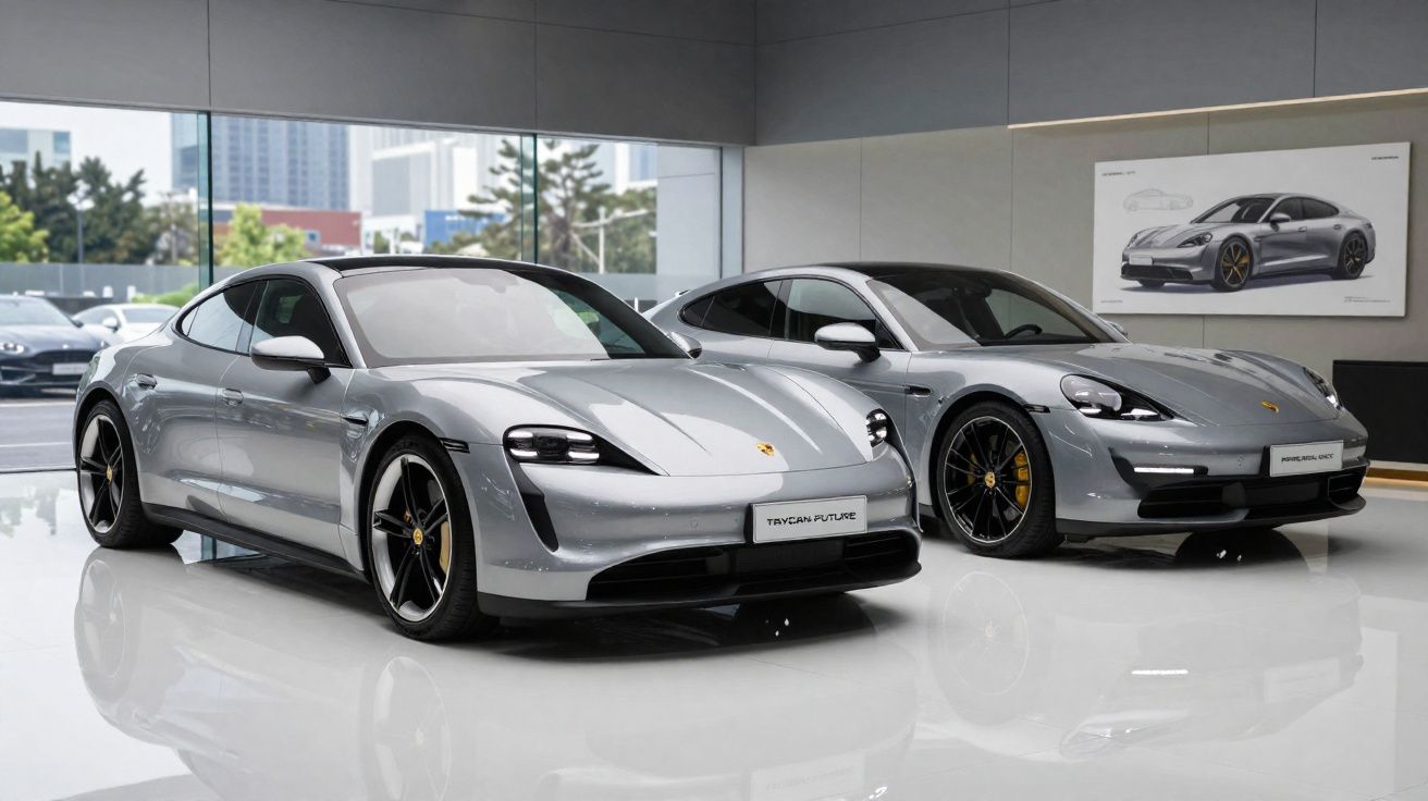 Duas viaturas Porsche Taycan elétricas em exposição numa sala moderna e luminosa.