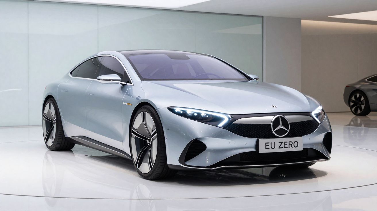 Carro elétrico Mercedes-Benz prata moderno, em exposição num espaço minimalista e iluminado.