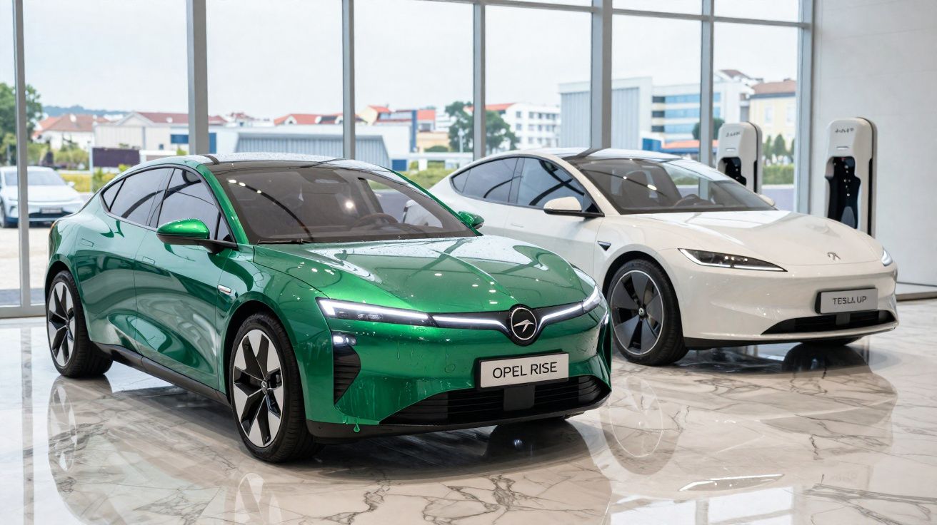 Dois carros elétricos estacionados em showroom com chão de mármore e estações de carregamento ao fundo.