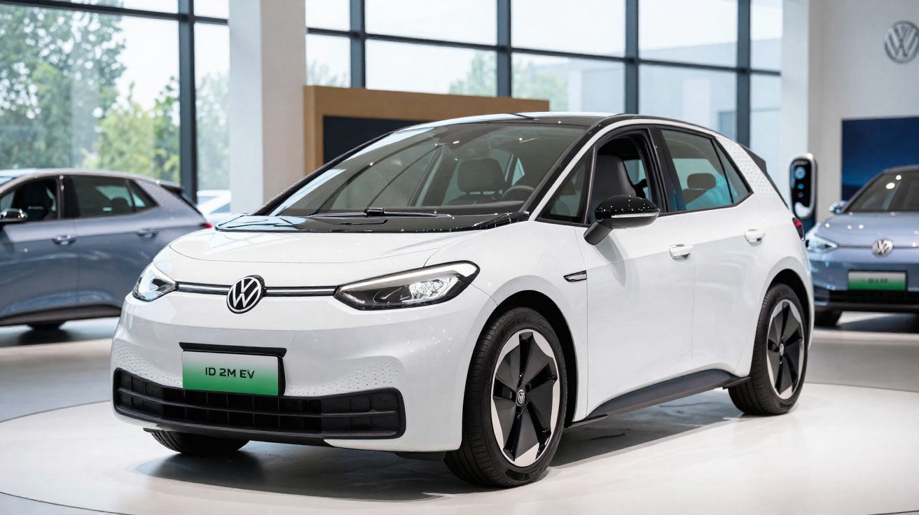 Carro elétrico Volkswagen ID.2M EV branco exposto numa sala de showroom moderna.