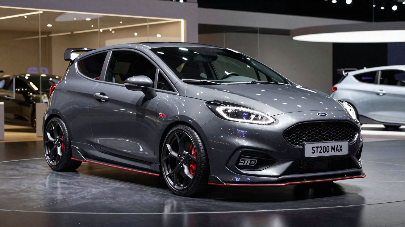 Carro desportivo cinzento Ford ST200 Max exposto em salão automóvel moderno e iluminado