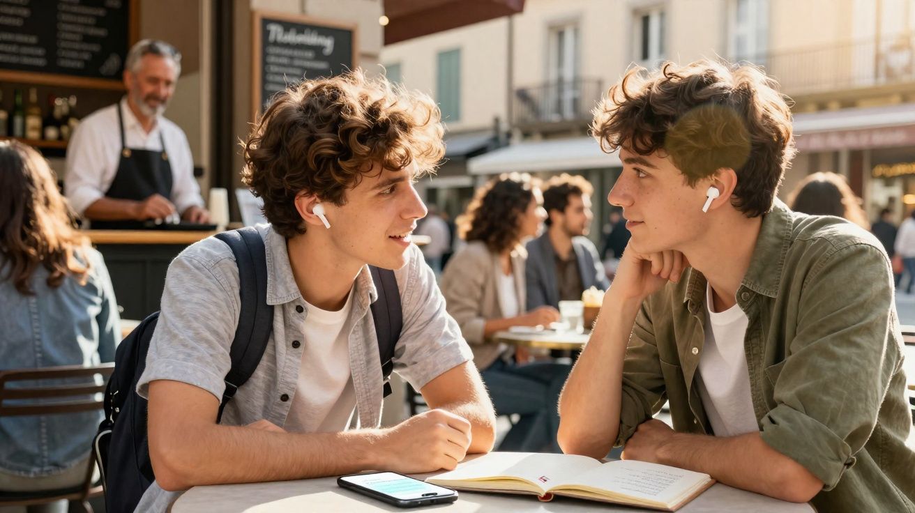 Dois jovens sentados numa esplanada, a conversar com fones sem fios, com livro e telemóvel na mesa.