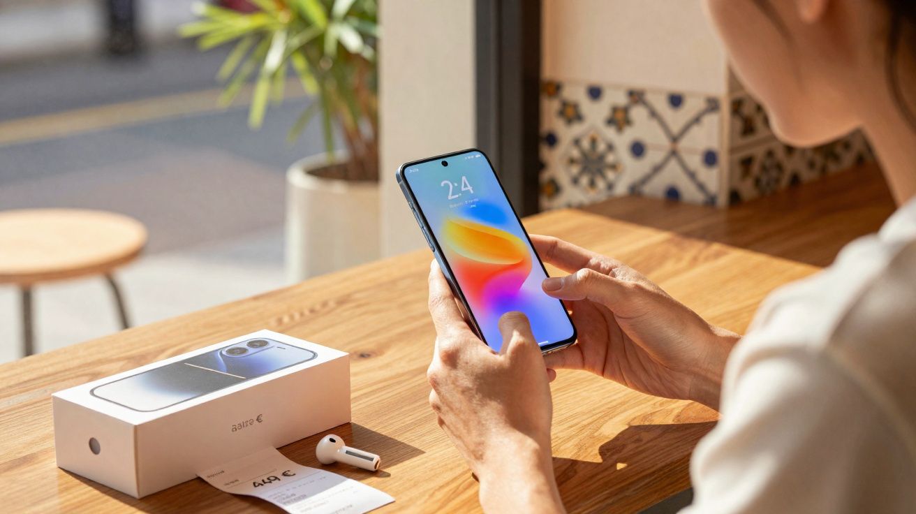 Pessoa segurando smartphone novo junto a caixa e fatura sobre mesa de madeira.