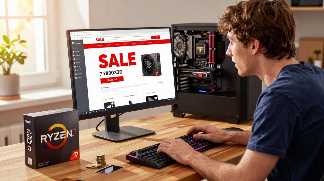 Homem sentado a comprar processador Ryzen 7 7800X3D em promoção no computador.