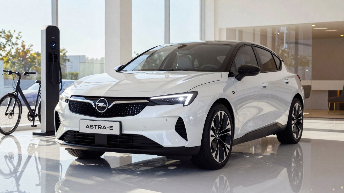 Carro elétrico branco Opel Astra-e estacionado junto a posto de carregamento numa sala moderna iluminada.