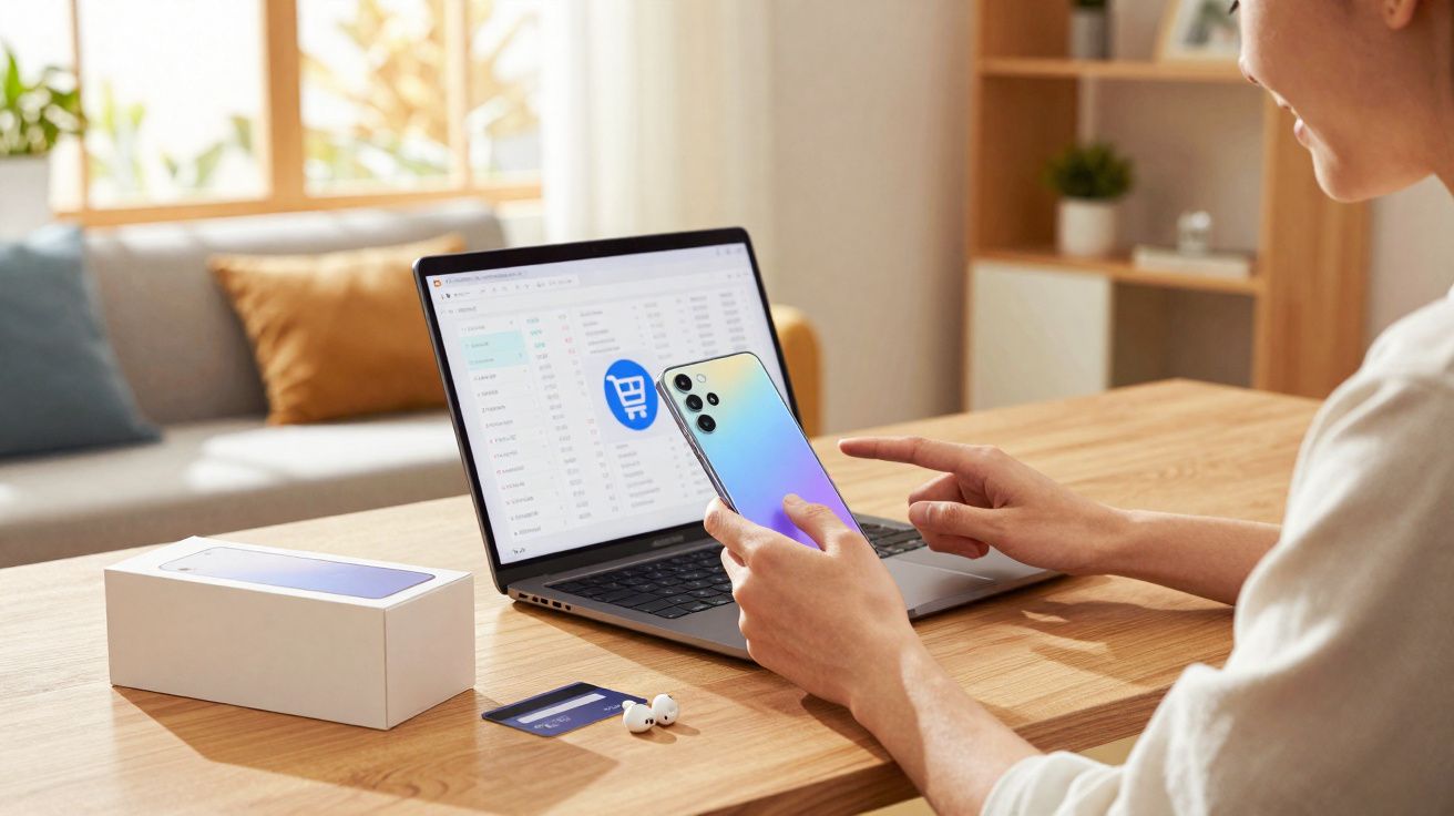 Pessoa a usar telemóvel junto a computador portátil com símbolo de carrinho de compras numa mesa de madeira.
