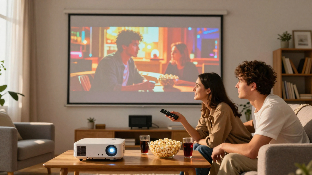 Casal a ver filme em casa com projetor, pipocas e bebidas numa sala acolhedora.