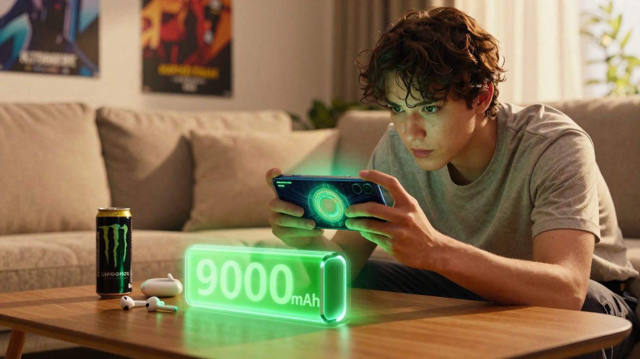 Jovem sentado no sofá a jogar no telemóvel, com lata de bebida energética e auscultadores numa mesa de madeira.