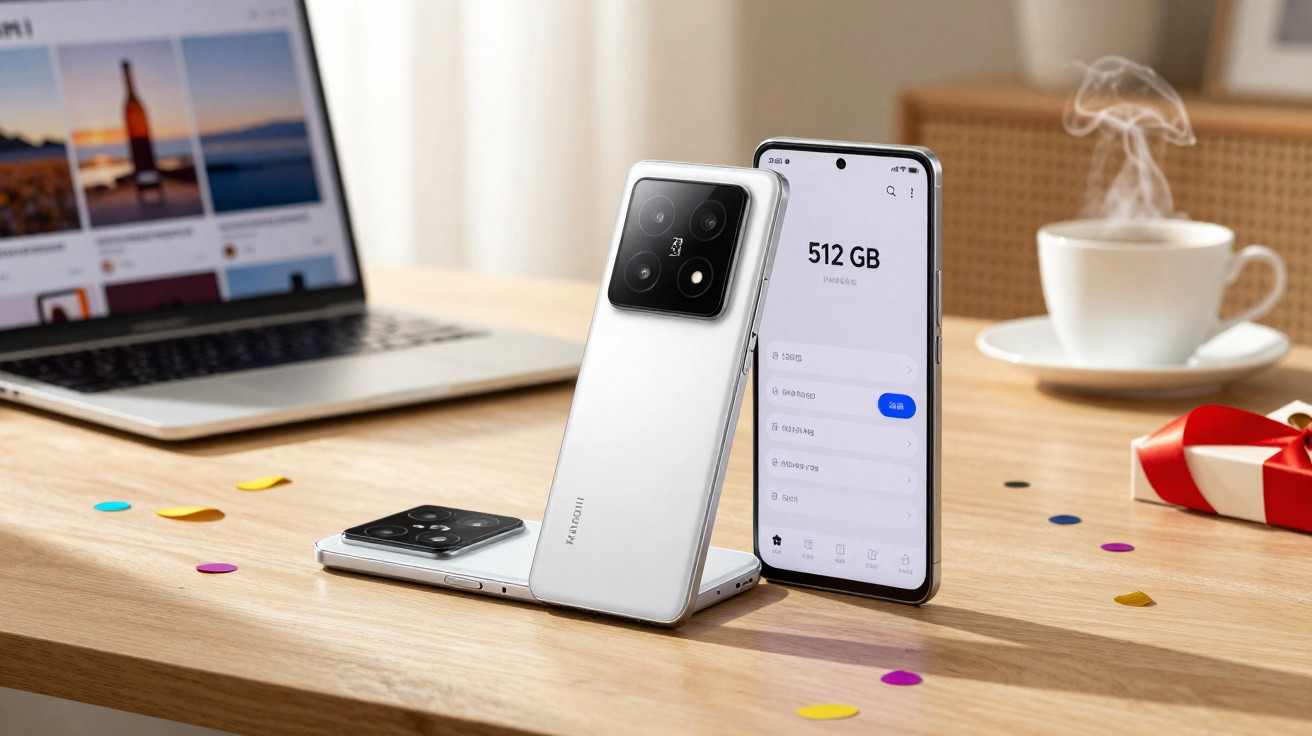 Telemóveis Xiaomi brancos sobre mesa de madeira com portátil aberto e chá fumegante ao fundo.