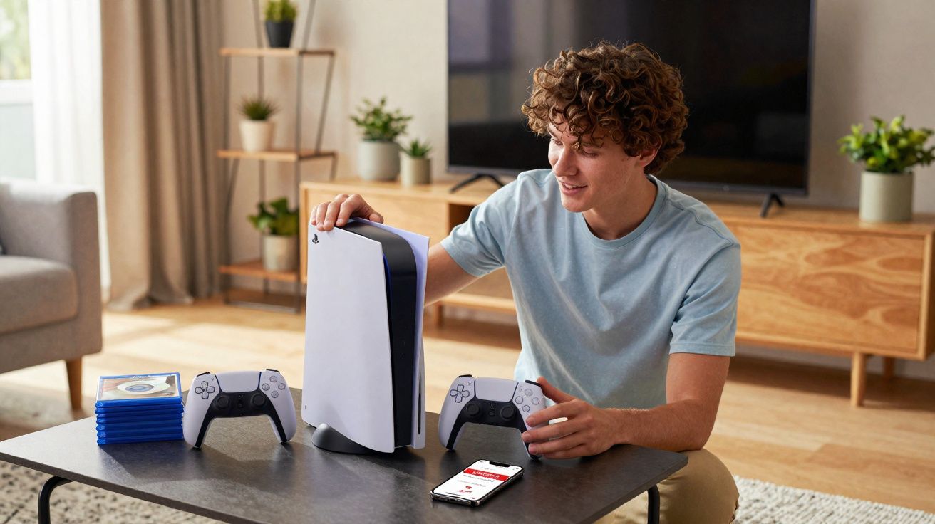 Jovem sentado diante de consola PlayStation 5 com comandos e jogos numa sala luminosa.