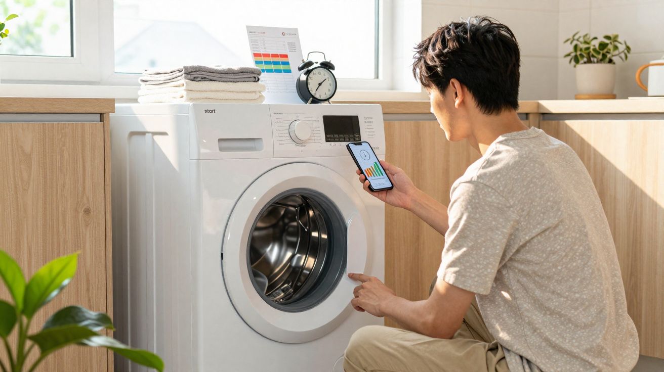Homem a controlar máquina de lavar roupa com smartphone numa lavandaria luminosa e moderna.