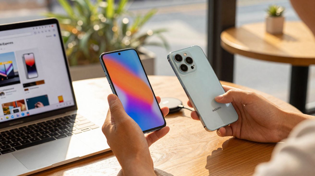 Pessoa segura dois smartphones perto de um portátil aberto numa mesa de madeira junto a uma janela.