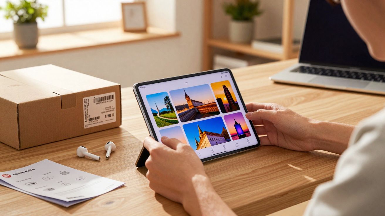 Pessoa a segurar um tablet com fotos de paisagens, numa mesa com caixa, auriculares e portátil.