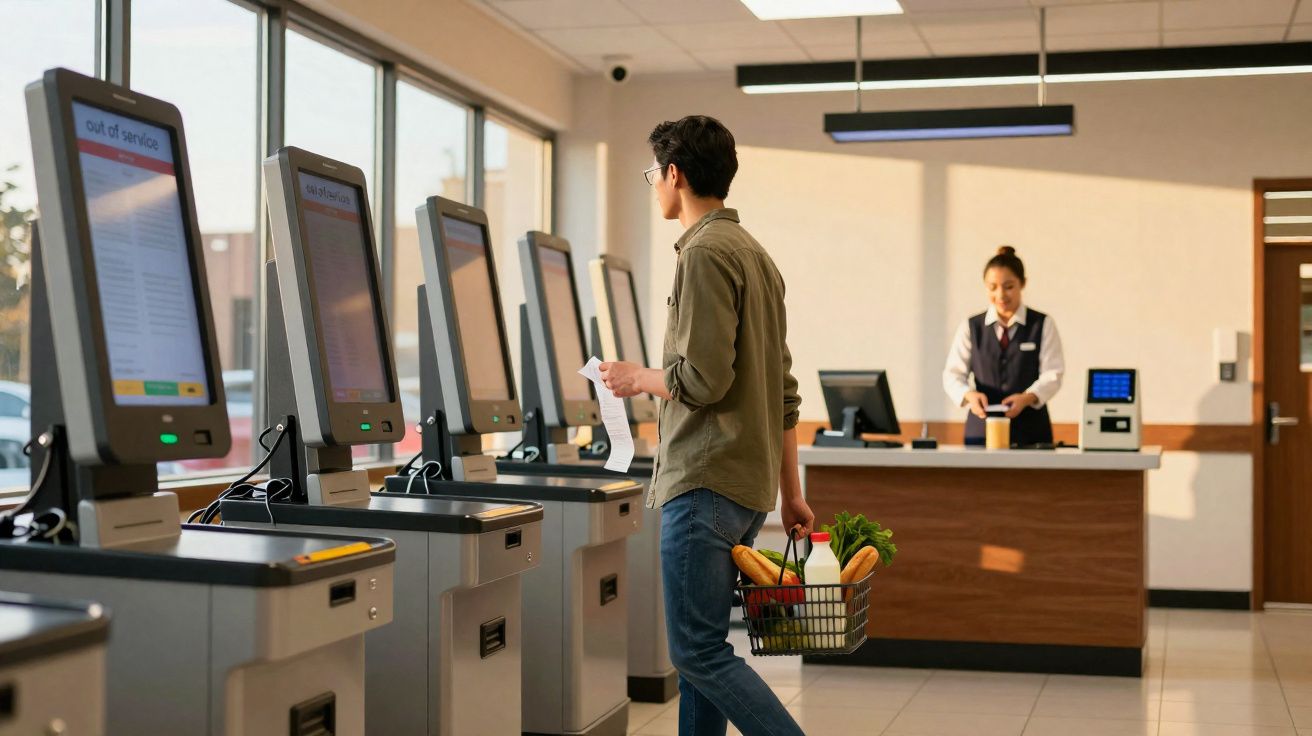 Homem a usar caixas de self-checkout num supermercado com cesto de compras e funcionária ao fundo.