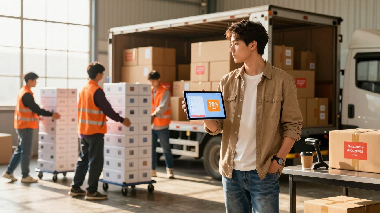Homem numa armazém a mostrar tablet com oferta de 50%, enquanto trabalhadores organizam caixas e pacotes.