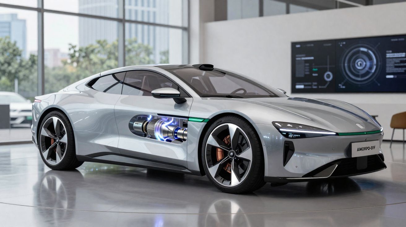 Carro elétrico desportivo cinzento com visualização do motor exposto numa exposição moderna.