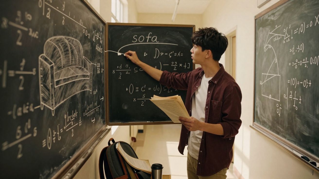 Estudante a explicar fórmulas matemáticas com desenho de sofá em quadro negro numa sala de aula.