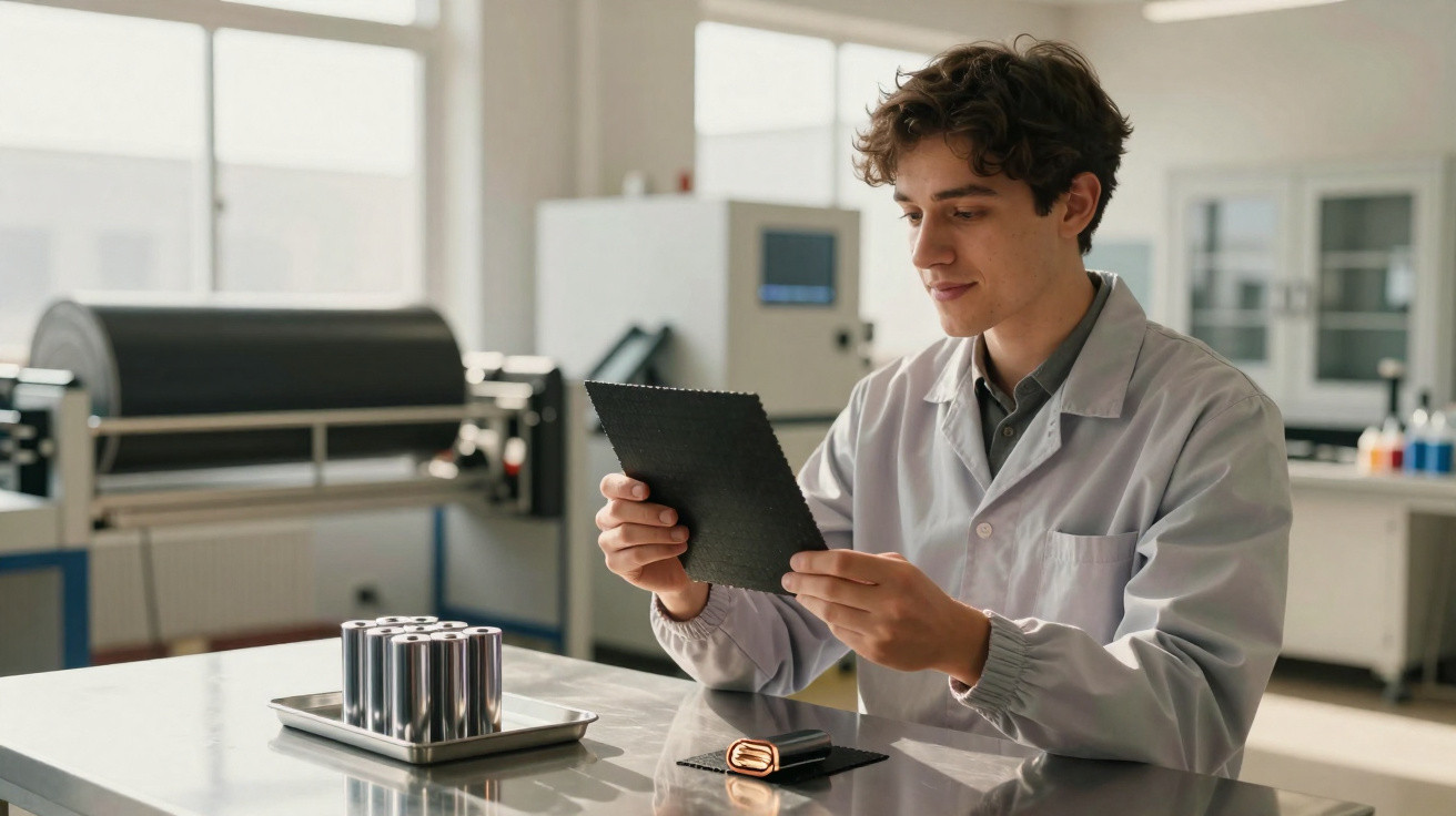 Homem de bata branca analisa material têxtil numa mesa num laboratório com equipamentos industriais ao fundo.