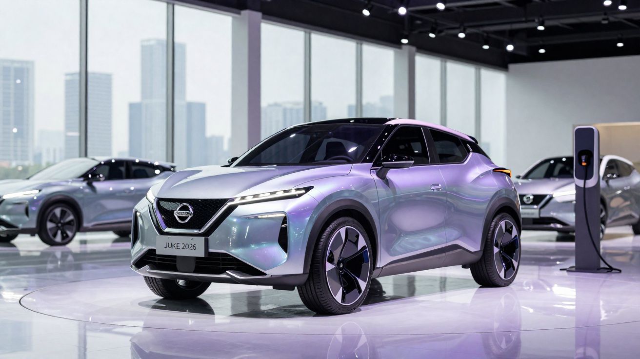 Carro elétrico Nissan Juke 2026 cinza, exposto numa sala moderna com outras viaturas ao fundo.
