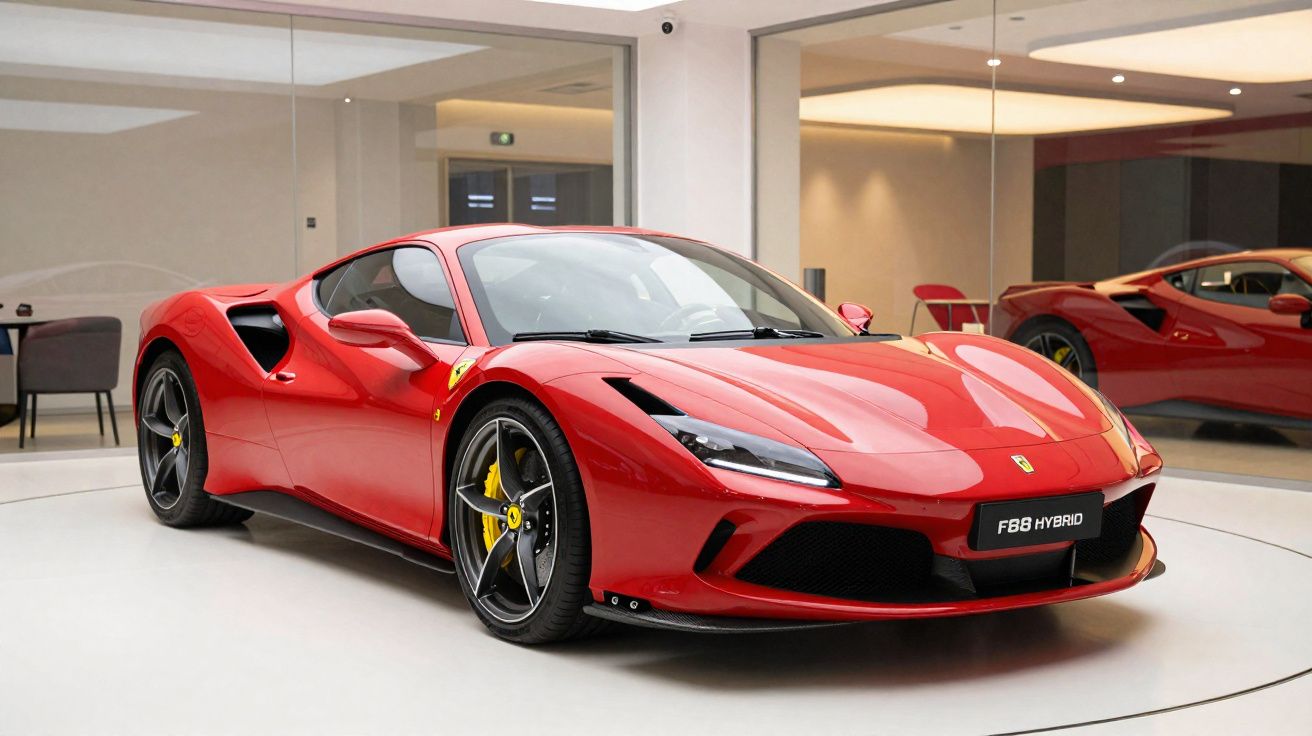 Ferrari F8 Hybrid vermelho exibido numa sala moderna com espelhos nas paredes.