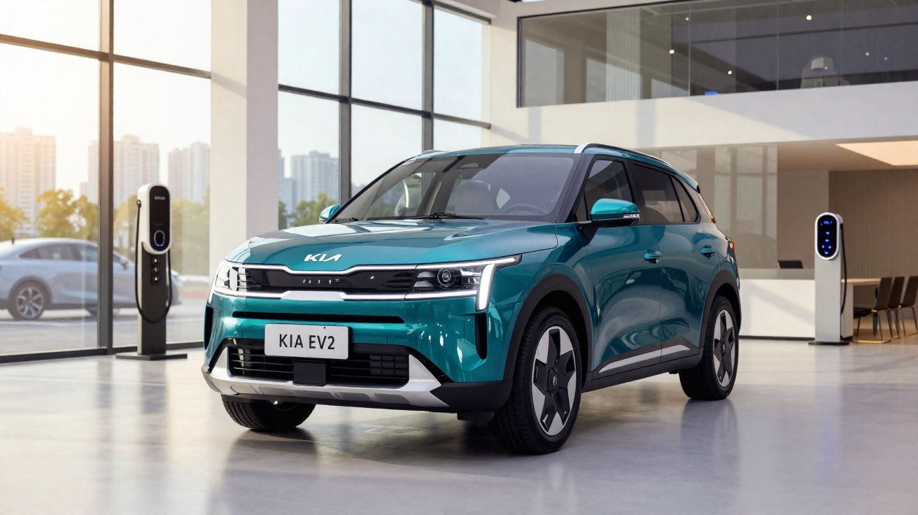 Carro elétrico KIA EV2 azul num showroom moderno com estações de carregamento ao fundo.