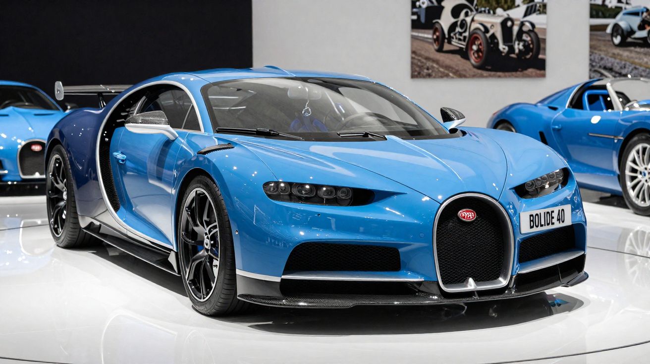 Carro desportivo azul Bugatti Bolide 40 em exposição com design aerodinâmico e rodas pretas.